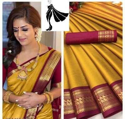 Satani enterprise Self Design Maheshwari Cotton Silk, Silk Blend Saree(Mustard)