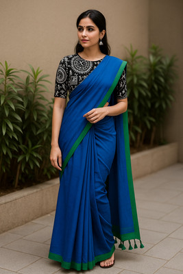 SMRITI BOUTIQUE Printed Bollywood Handloom Pure Cotton Saree(Blue, Green, Black)