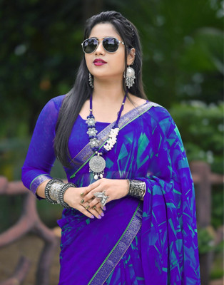 Samah Printed, Embellished Daily Wear Georgette, Chiffon Saree(Blue)