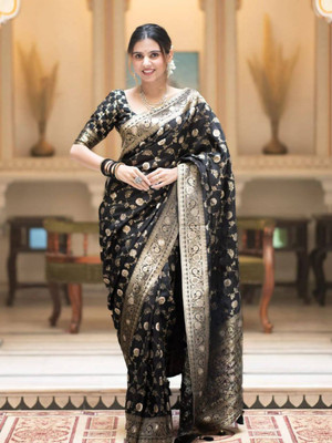 Vastramsarees Woven Ikkat Georgette Saree(Black)