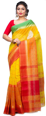 PuJoy Self Design, Woven Tant Pure Cotton Saree(Yellow)