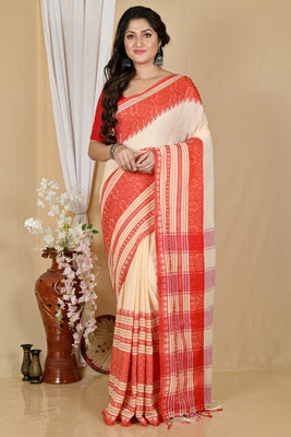 eC ESHA'S COLLECTION Printed Handloom Cotton Blend Saree(Cream, Red)