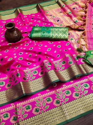 rangbhakti Checkered, Embroidered, Self Design, Temple Border, Embellished Banarasi Cotton Silk, Jacquard Saree(Pink)