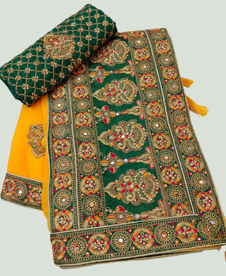 Bhojal Creation Embroidered, Embellished Bollywood Silk Blend Saree(Yellow)