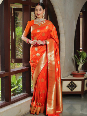ROOP LAVANYA Woven Kanjivaram Pure Silk, Art Silk Saree(Orange)