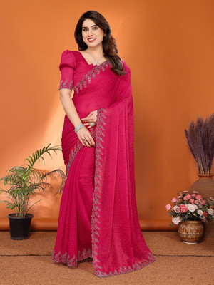 Anand Sarees Embellished, Self Design, Applique Bollywood Jimmy choo, Tissue Saree(Pink)