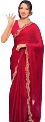 JENYA STORE Solid/Plain Saree with Attached Blouse Chiffon Saree(Red)
