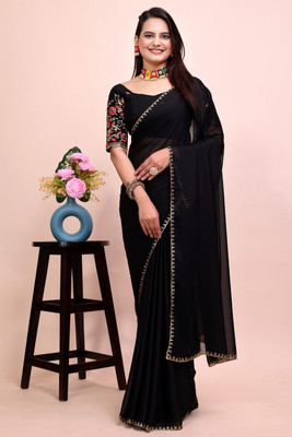 SAADHYA CREATION Solid/Plain Bollywood Chiffon Saree(Black)