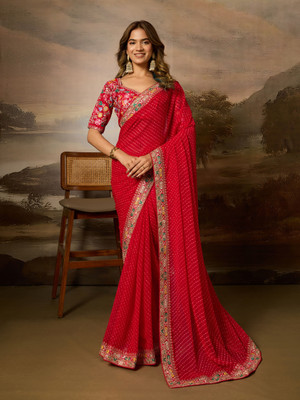 Clemira Embroidered Leheria Georgette Saree(Red)