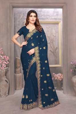 Radheradhey Embroidered, Floral Print Bollywood Georgette Saree(Dark Green)