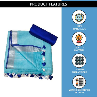 HAIDER ALI AND SONS Solid/Plain Banarasi Cotton Linen Saree(Light Blue)
