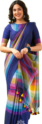 SARKARETHNIC Solid/Plain, Striped Handloom Handloom Mulmul Saree(Multicolor)