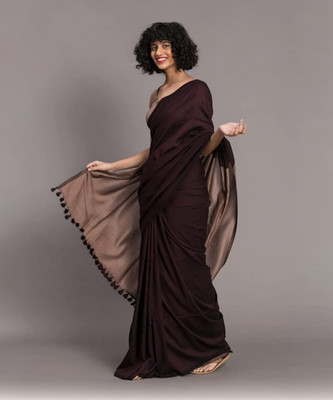 Binay textile Solid/Plain Handloom Pure Cotton Saree(Brown)