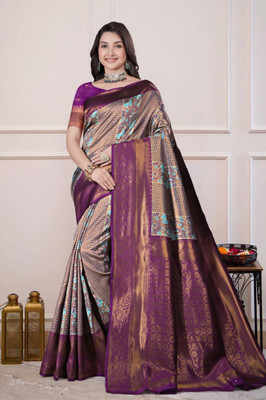 Jk Fabri Floral Print Banarasi Art Silk Saree(Beige, Purple)