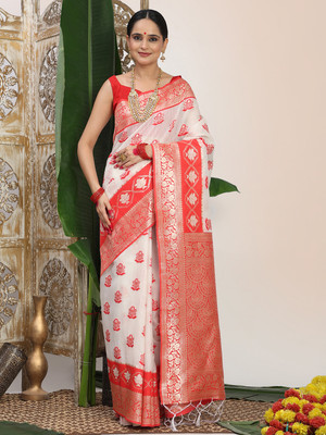 Divastri Printed, Woven Banarasi Cotton Linen Saree(White, Red)