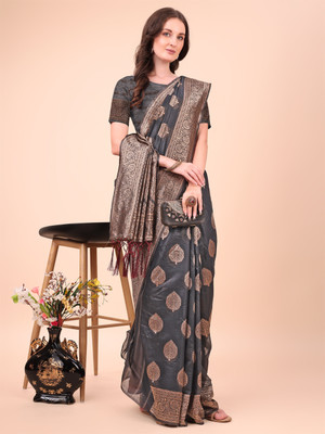 Tasrika Woven Banarasi Cotton Silk Saree(Black)