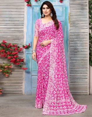 Samah Geometric Print, Printed Bollywood Chiffon, Georgette Saree(Pink, White)