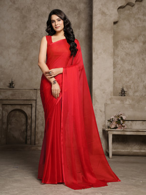 GARDEN VARELI Solid/Plain Bollywood Chiffon Saree(Red)