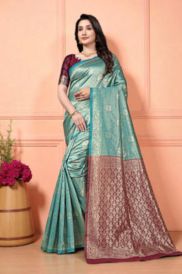 DDRS Fashion Woven, Self Design, Temple Border Bollywood Jacquard Saree(Light Blue)