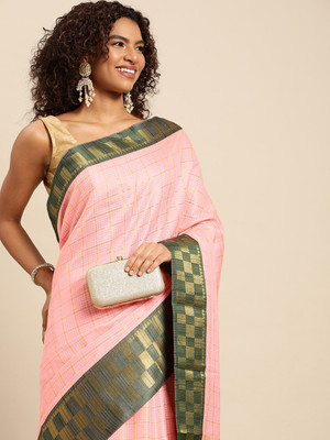 VILLAGIUS Checkered Kanjivaram Pure Silk, Cotton Silk Saree(Pink)