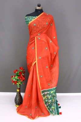 nirave fashion Printed Bollywood Linen, Cotton Blend Saree(Red)