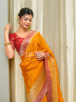 ekadanta Woven, Self Design Banarasi Silk Blend Saree(Yellow)