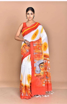 JHIILU Printed Handloom Cotton Blend Saree(White)