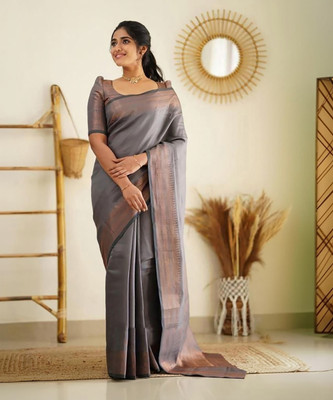 Aldwych Woven Banarasi Silk Blend Saree(Grey)