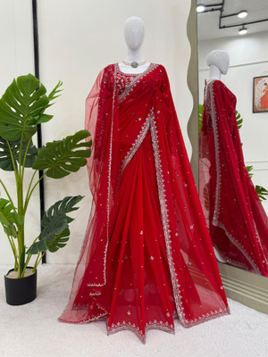 Sajavat Embroidered, Embellished Bollywood Georgette Saree(Red)