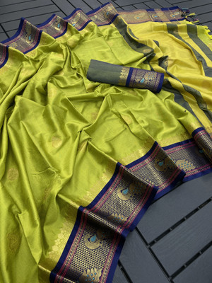 VEERAIVA Self Design Paithani Cotton Silk Saree(Light Green)