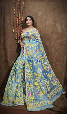 OWALID Floral Print Jamdani Pure Cotton Saree(Multicolor)