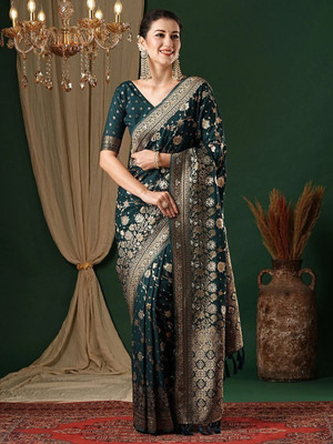 Houri Fab Woven, Embellished Banarasi Pure Silk, Jacquard Saree(Dark Green)