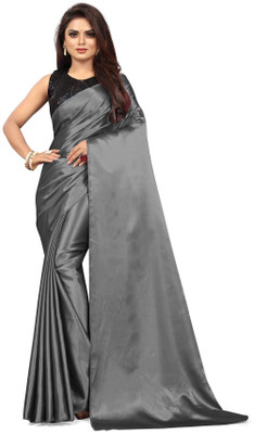 PCDESIGNER Solid/Plain Bollywood Satin Saree(Grey)