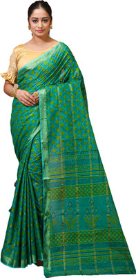 DORI DHAGA Printed Ikkat Pure Cotton Saree(Green)