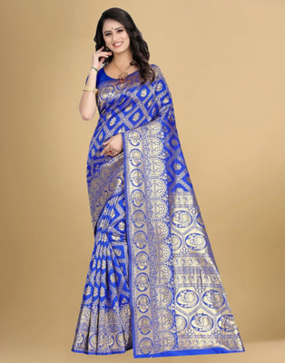 Samah Woven, Embellished, Self Design Banarasi Silk Blend Saree(Dark Blue, Gold)