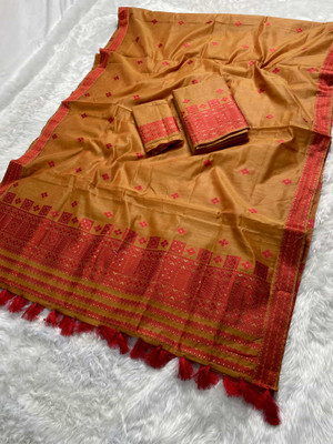 Skiran's Woven Mekhela Chador Cotton Blend Saree(Gold)