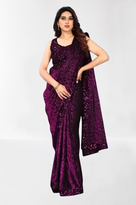 HouseOfCommon Embellished Bollywood Lycra Blend Saree(Purple)