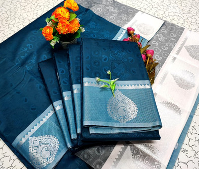 Skboutique Woven, Paisley, Self Design Kanjivaram Silk Blend Saree(Dark Blue, Silver)