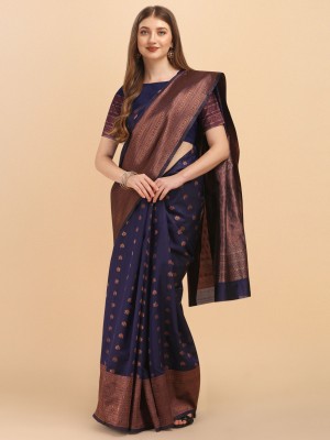 Handsel Woven, Checkered Kanjivaram Jacquard, Silk Blend Saree(Dark Blue)