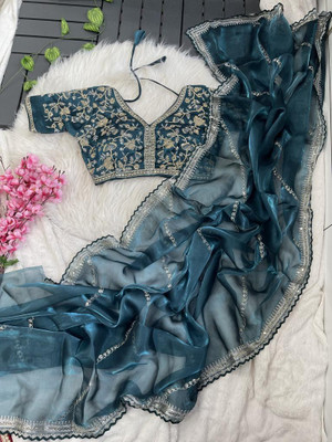 Zeekha Embroidered Saree with Attached Blouse Jimmy choo Saree(Blue)