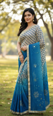 HOUSEOFSADNA Floral Print Paithani Georgette Saree(Light Blue)