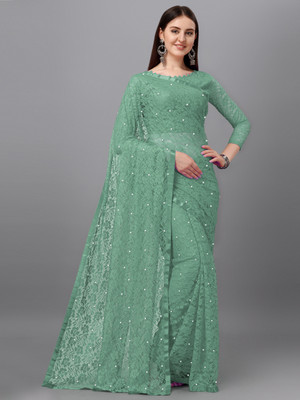 LOROFY Embellished Lucknow Chikankari Net, Lycra Blend Saree(Green)