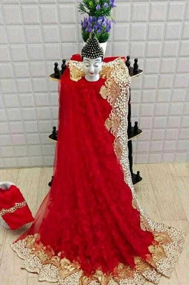 LUTAD FAB Embroidered Banarasi Net Saree(Red)