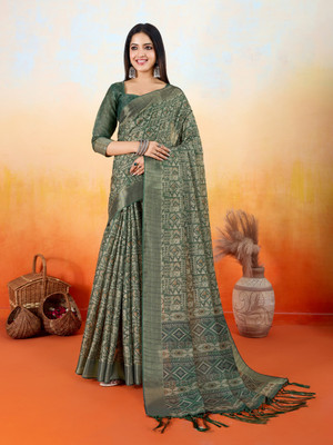 Tasrika Geometric Print, Woven Ikkat Tissue Saree(Green)