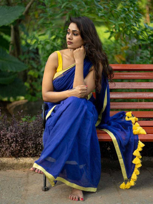 Bengal S Solid/Plain Handloom Pure Cotton Saree(Blue)