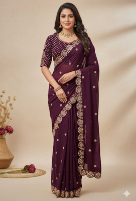 SNXKD Embroidered Bollywood Georgette Saree(Maroon)