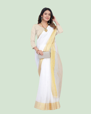 shree laxmi Woven Kasavu Pure Cotton Saree(White)