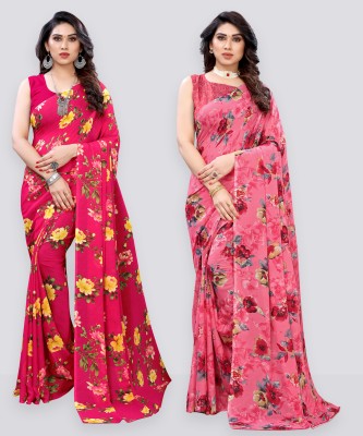 Samah Printed, Floral Print Bollywood Georgette Saree(Pack of 2, Red, Pink)