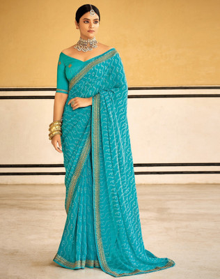 Satrani Printed, Self Design, Embellished Bollywood Georgette Saree(Light Blue, Gold)