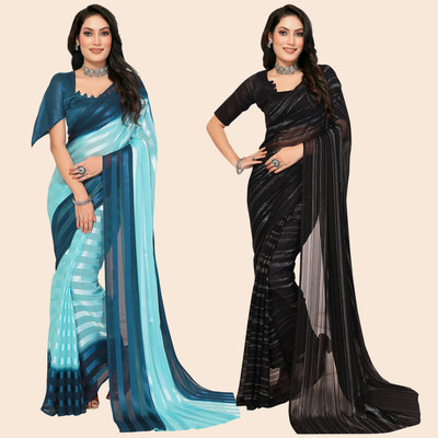 Anand Sarees Striped Bollywood Satin Saree(Pack of 2, Dark Blue, Light Blue, Black)